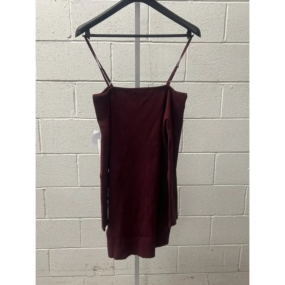 NWT Good American 3XL Oxblood Red Rib Knit Cold Shoulder Long Sleeve Mini Dress